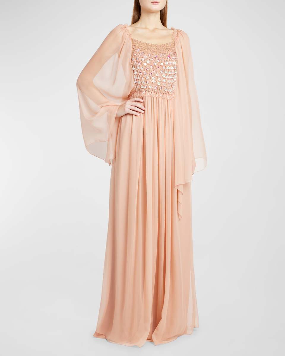 Crystal Embellished Cape-Sleeve Organic Chiffon Maxi Dress