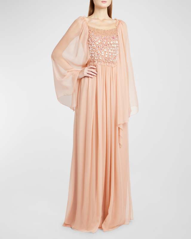 Crystal Embellished Cape-Sleeve Organic Chiffon Maxi Dress