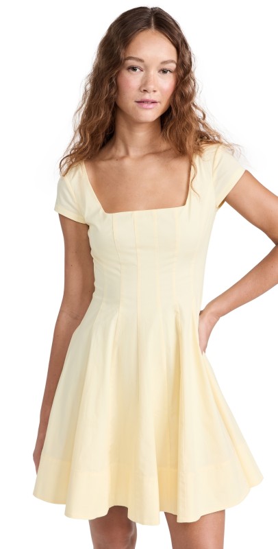STAUD Short Sleeve Mini Wells Dress Lemon Drop