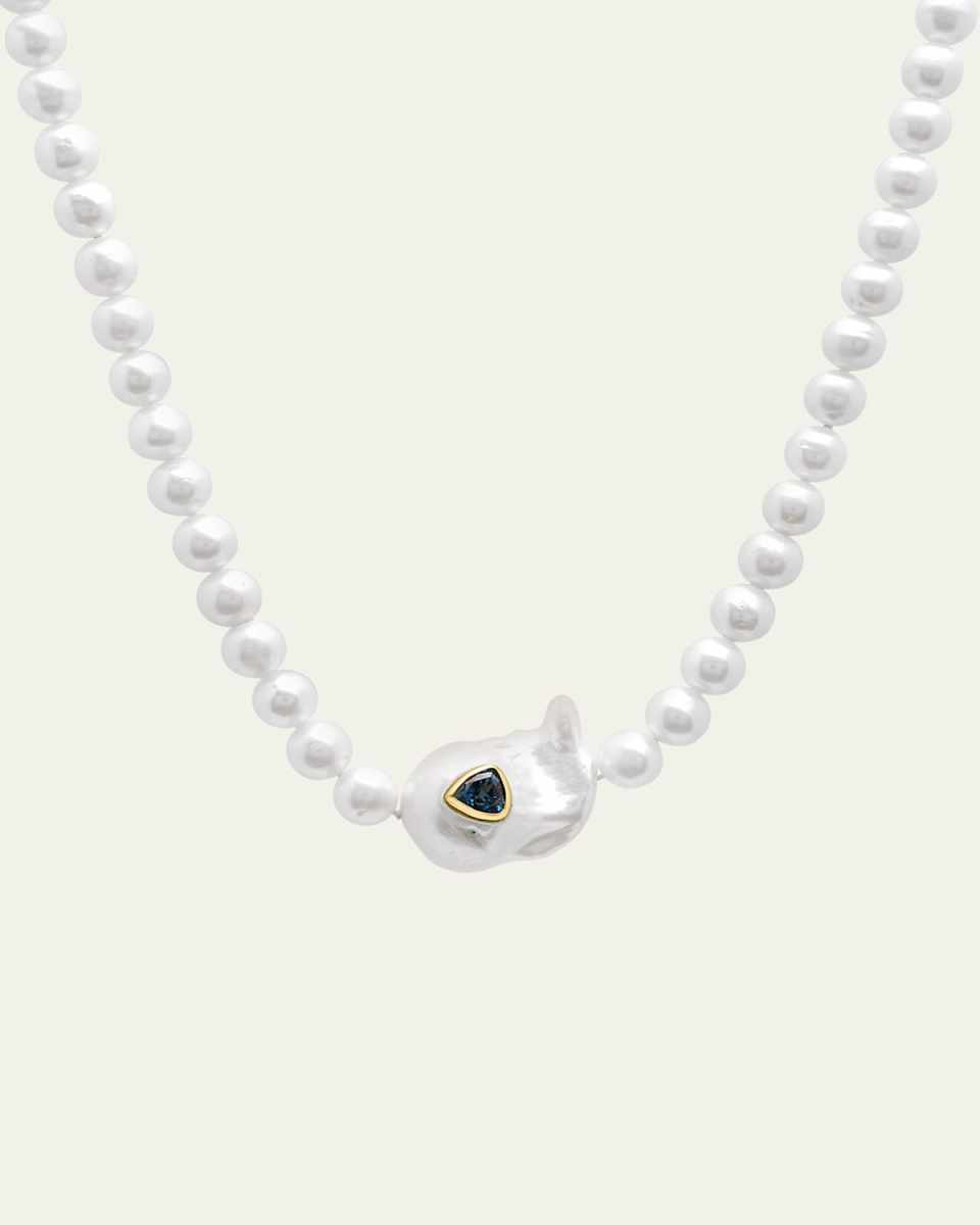 Sweet Tart Baroque Pearl Choker Necklace with Blue Topaz Trillion Inset