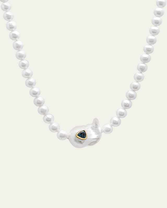 Sweet Tart Baroque Pearl Choker Necklace with Blue Topaz Trillion Inset