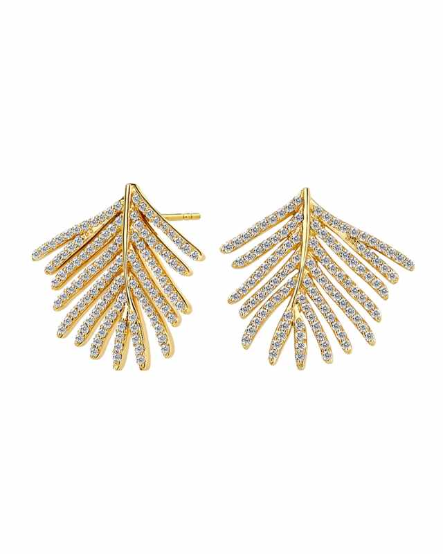 18K Yellow Gold Palm Leaf Diamond Stud Earrings
