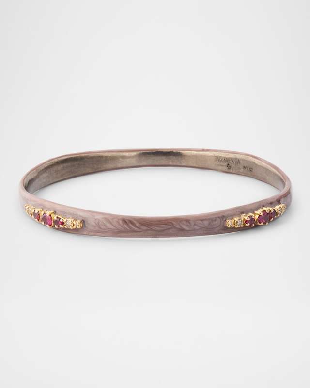 14K Rose Gold and Antiqued Silver Nude Enamel Hinged Bracelet with Diamonds and Purple Garnets