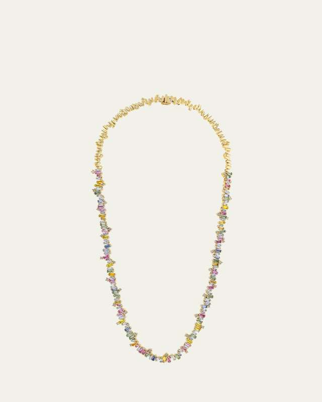 18K Yellow Gold Diamond and Pastel Fireworks Sapphires Tennis Necklace