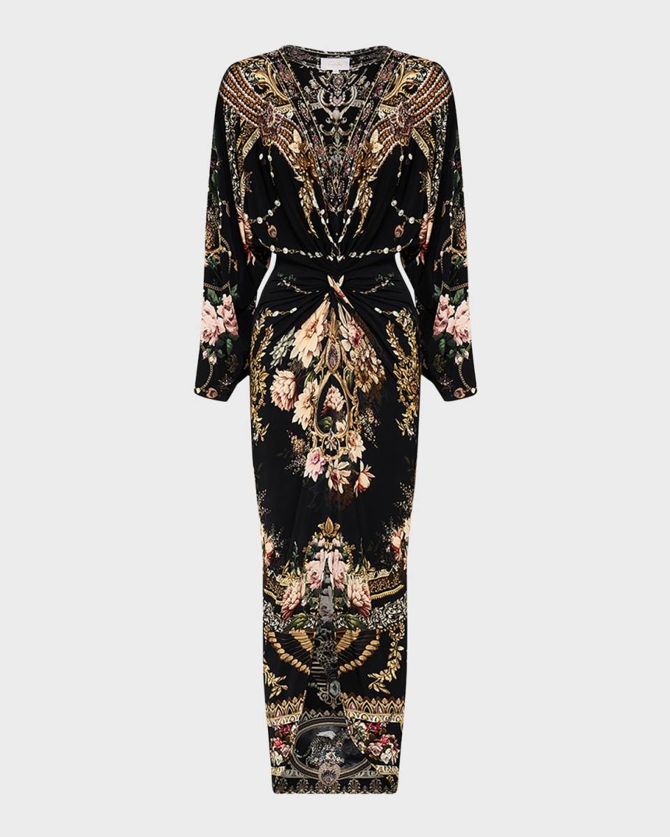 Long Split Front-Twist Floral Midi Dress