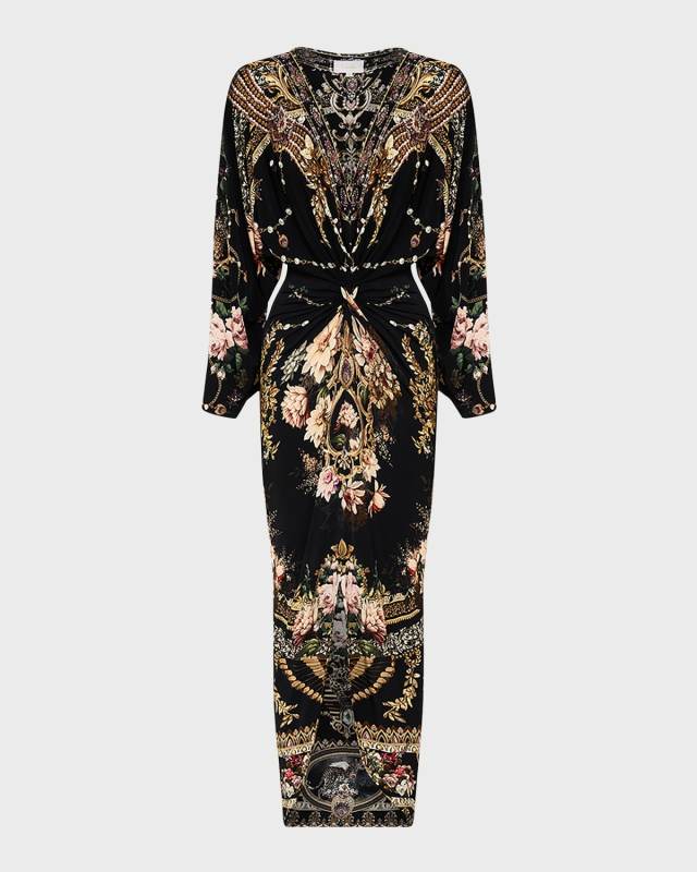 Long Split Front-Twist Floral Midi Dress