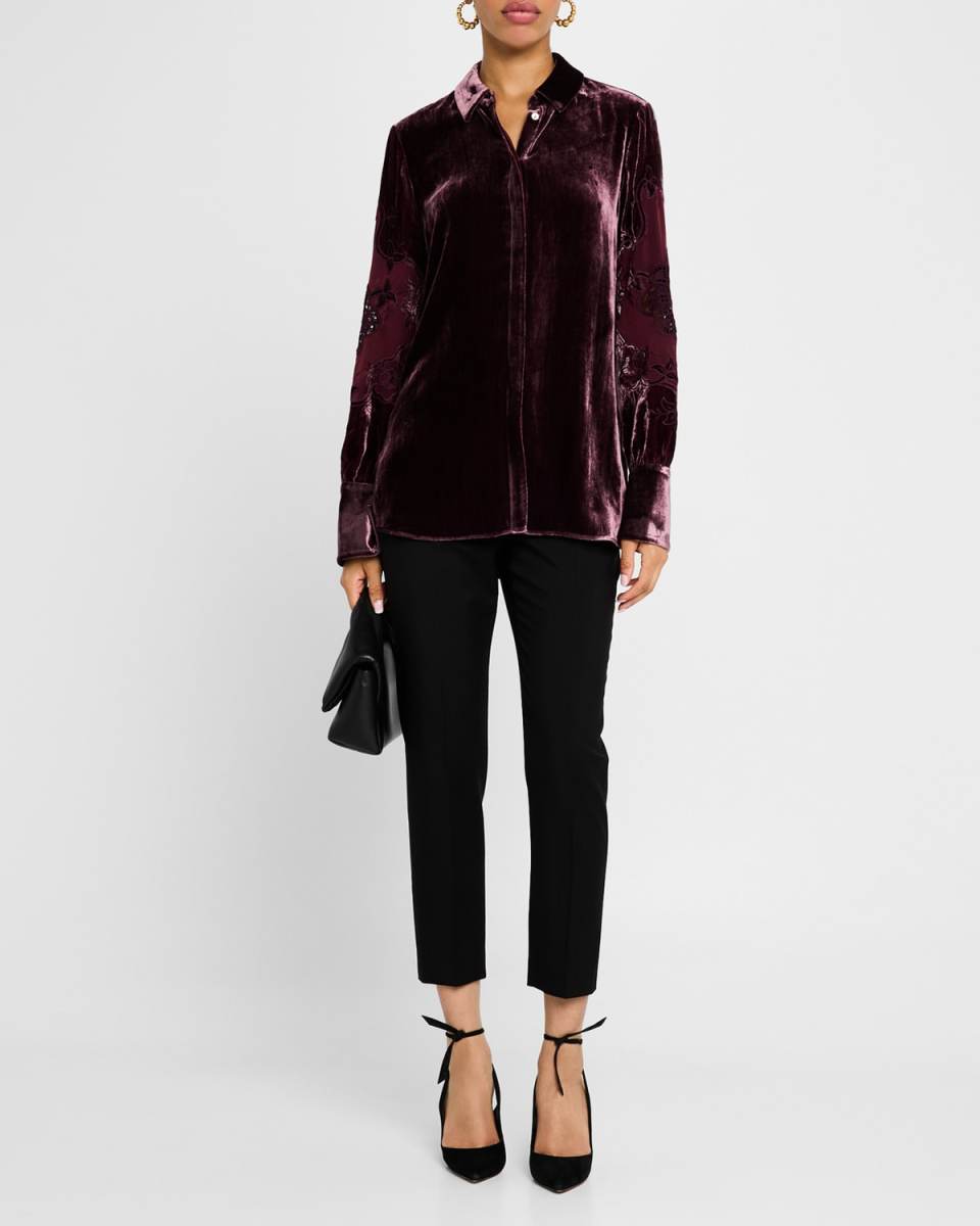 Essie Floral-Embroidered Velvet Blouse
