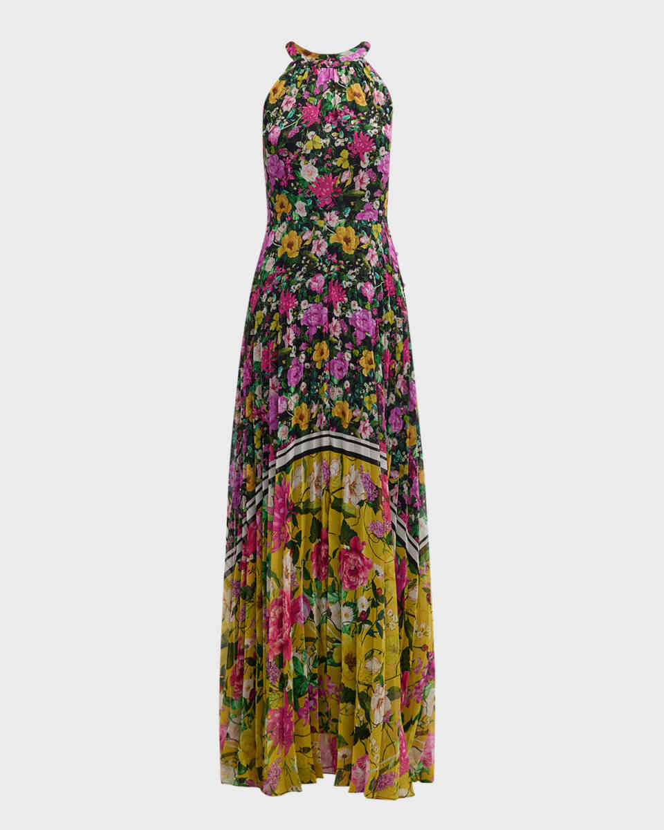 Pleated Floral-Print Halter Gown