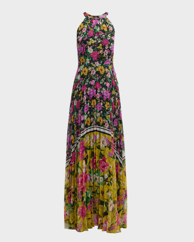 Pleated Floral-Print Halter Gown