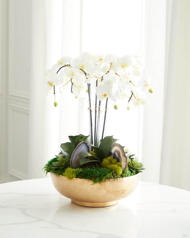 Orchid Faux Florals in Gold Hammered Metal Bowl with Selenite & Agate Slabs - 24"