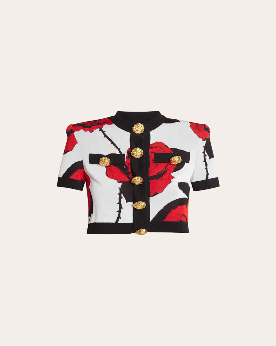 Cropped Rose Print Button-Down Cardigan
