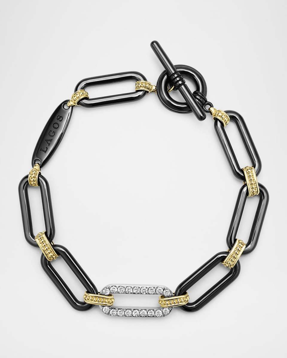 18K Gold Signature Caviar and Black Ceramic 20mm Toggle Bracelet with Diamonds