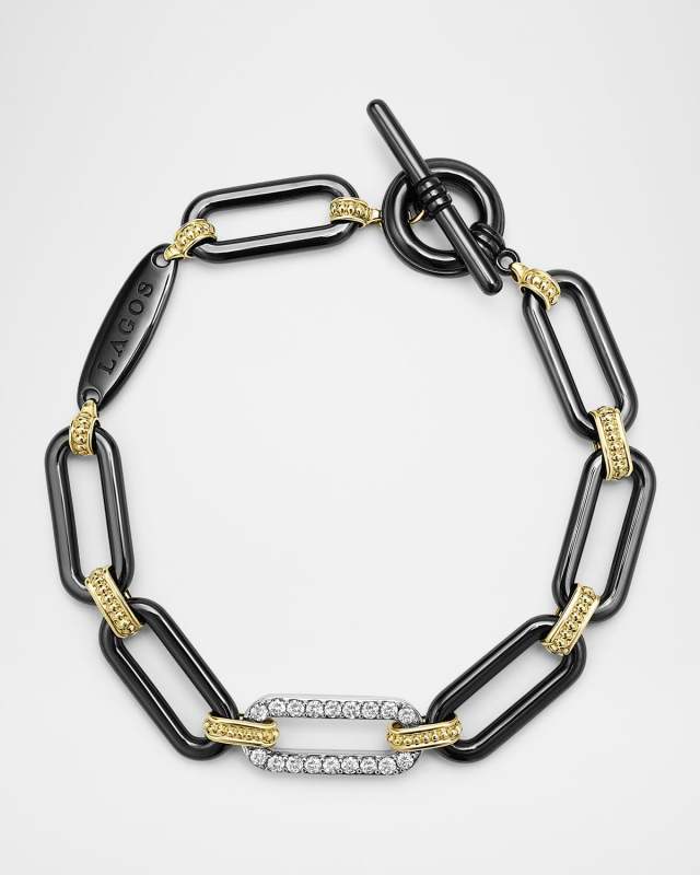 18K Gold Signature Caviar and Black Ceramic 20mm Toggle Bracelet with Diamonds