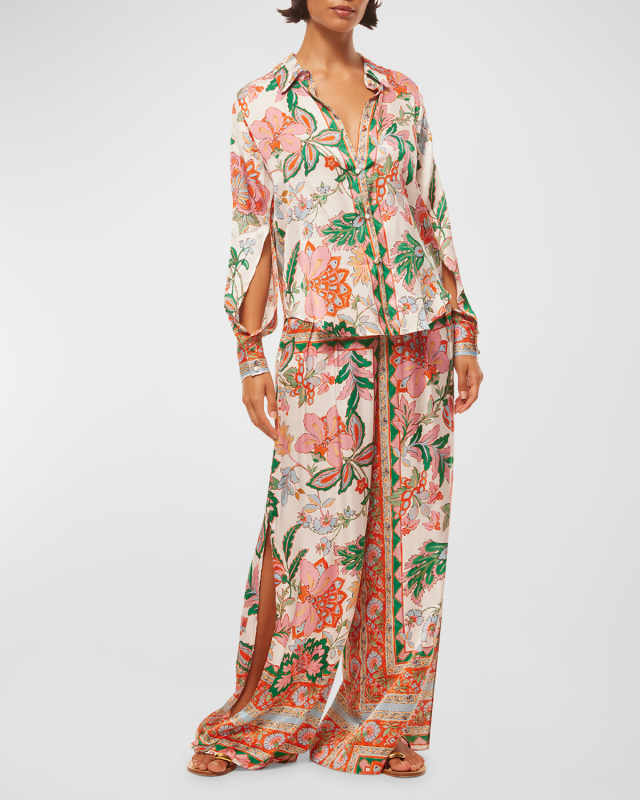 Selena Floral Slit-Cuff Wide-Leg Pants