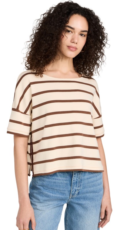 La Ligne Short Sleeve Breton Tee Ecru/Brown