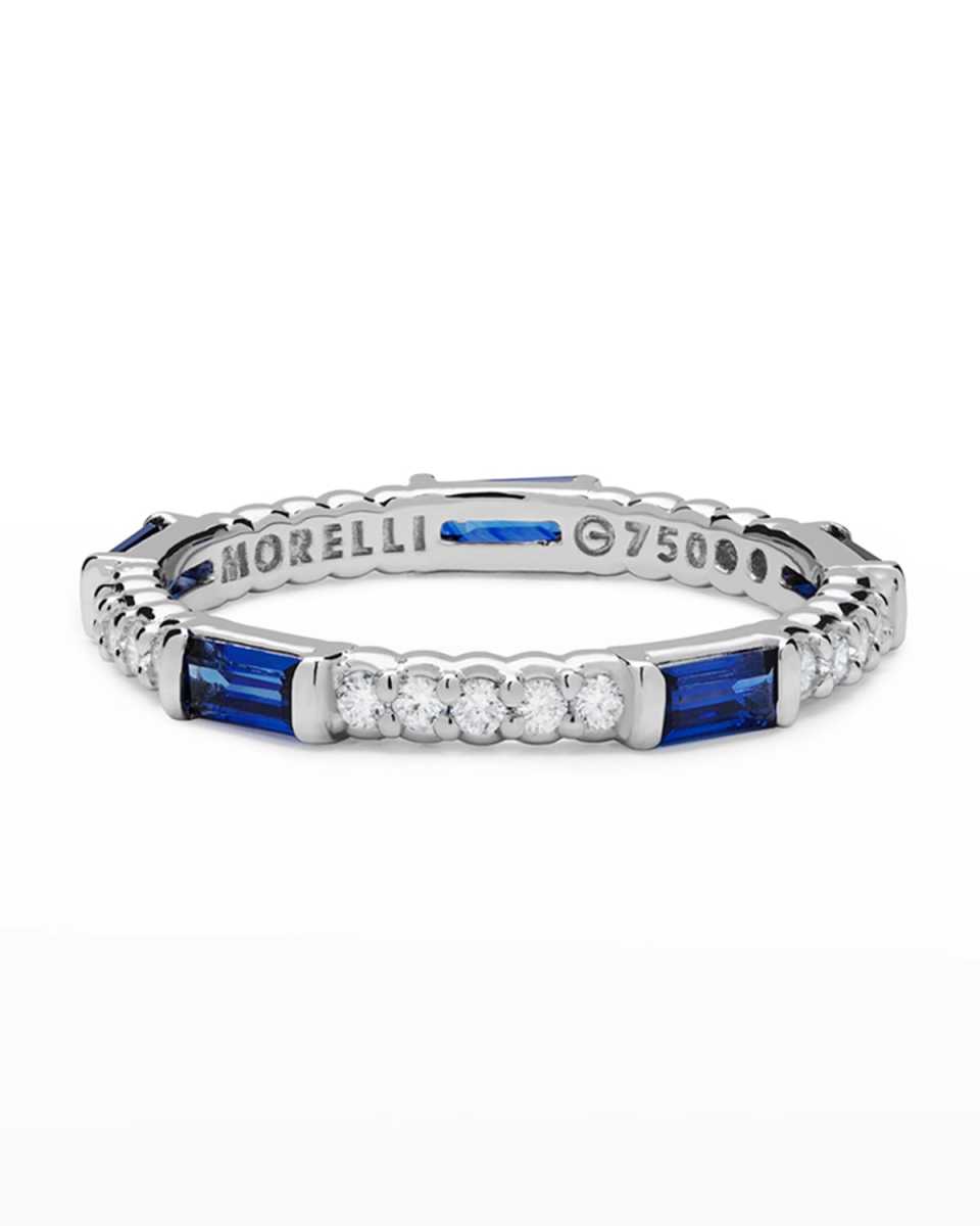 Blue Sapphire & Diamond Pinpoint Baguette Ring in 18K White Gold