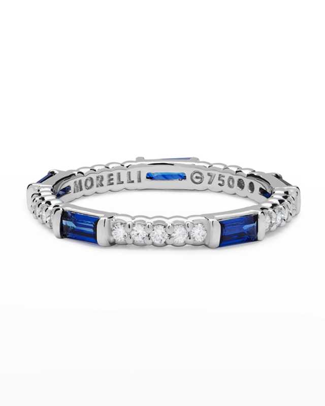 Blue Sapphire & Diamond Pinpoint Baguette Ring in 18K White Gold