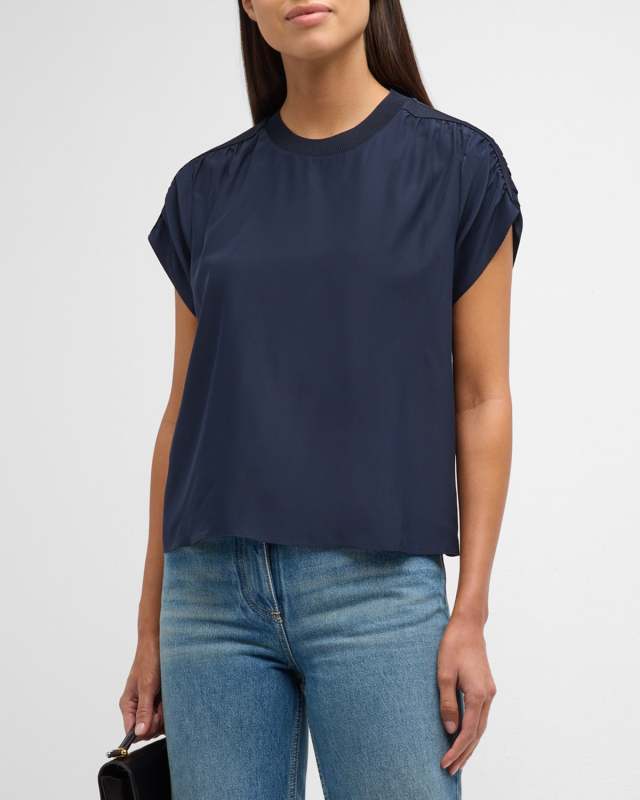 Lorainne Short Ruched-Sleeve Silk Top