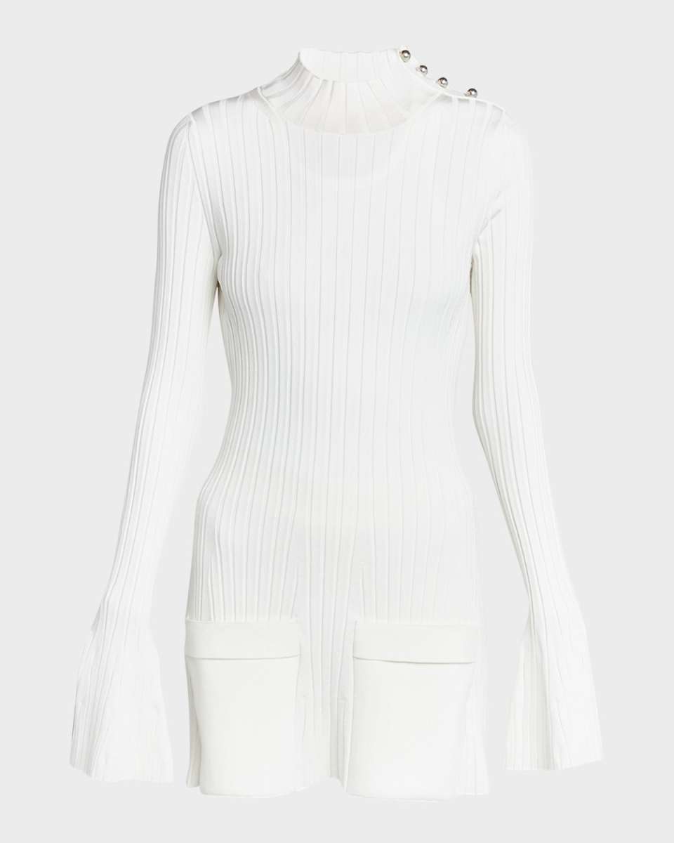 Button-Shoulder Long-Sleeve Rib Mini Sweater Dress