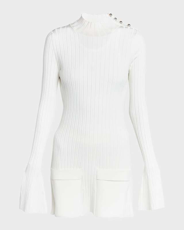 Button-Shoulder Long-Sleeve Rib Mini Sweater Dress