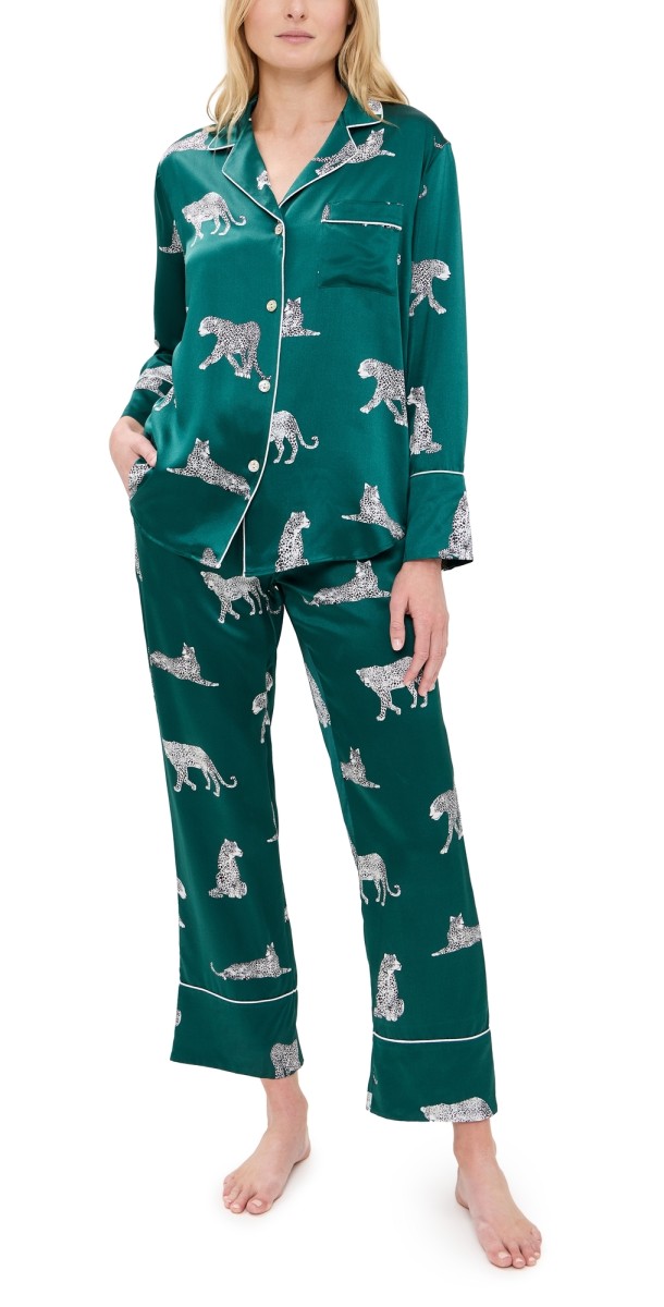 Petite Plume Mulberry Silk Panthre de Luxe Pajama Set Emerald