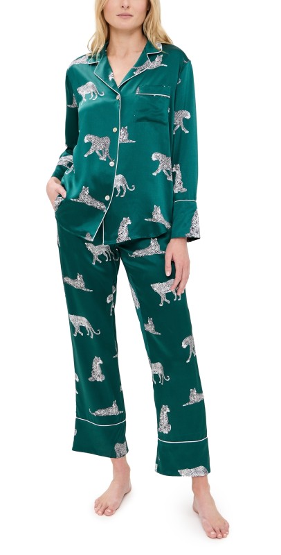 Petite Plume Mulberry Silk Panthre de Luxe Pajama Set Emerald