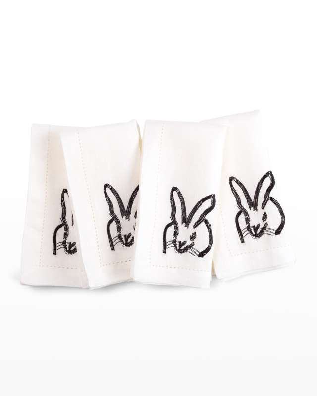 Black Painted Bunny Embroidered Linen Dinner Napkin, 20"Sq.