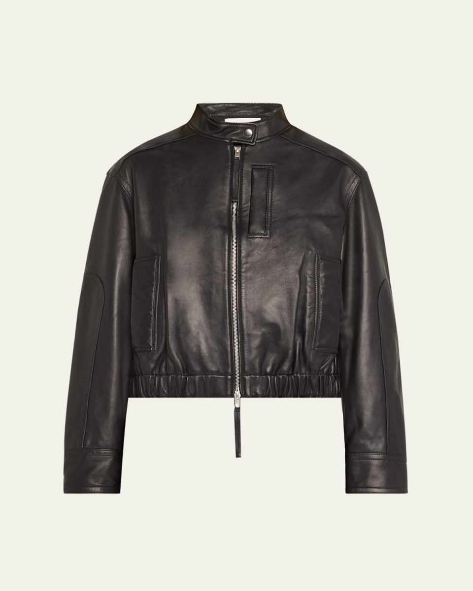 Lambskin Leather Cropped Bomber Jacket