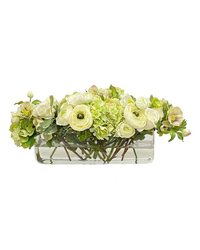 Ranunculus Rose Faux Floral Arrangement in Rectangular Vase