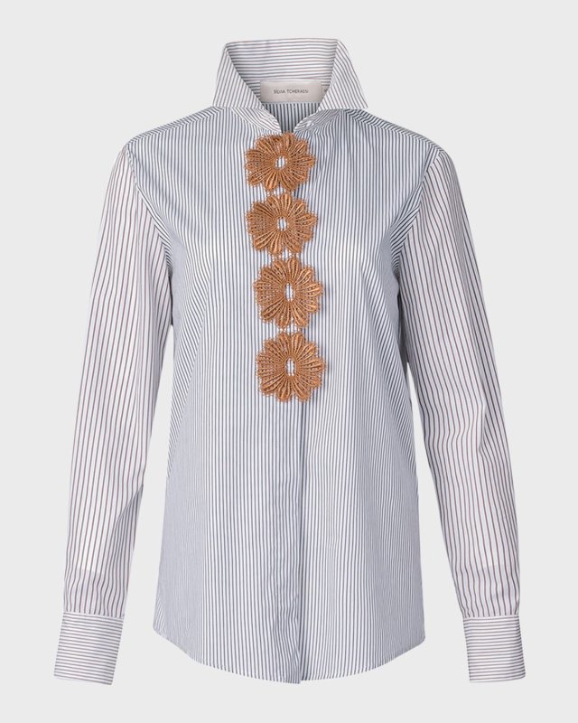 Naroa Flower Striped Button-Down Blous