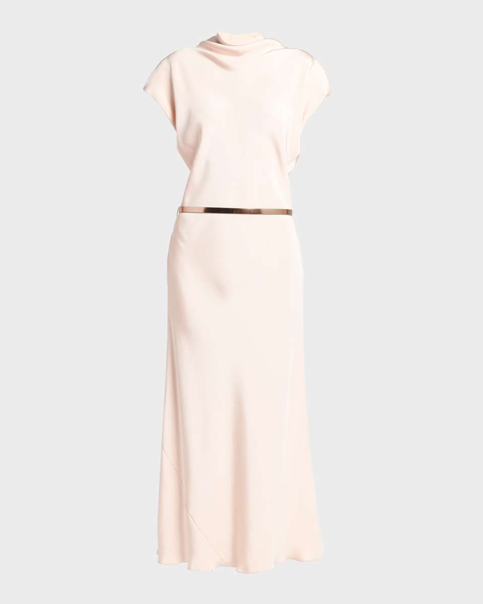 Cowl-Neck Silk Crepe Maxi Dress with Leather Belt