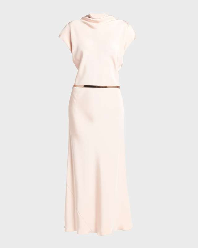 Cowl-Neck Silk Crepe Maxi Dress with Leather Belt