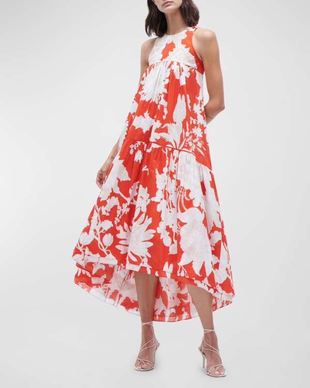 Zaza Embroidered Sleeveless Tiered High-Low Midi Dress