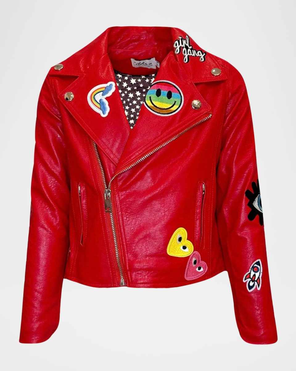 Girl's Out Of This World Patched Vegan Leather Moto Jacket, Size 2-