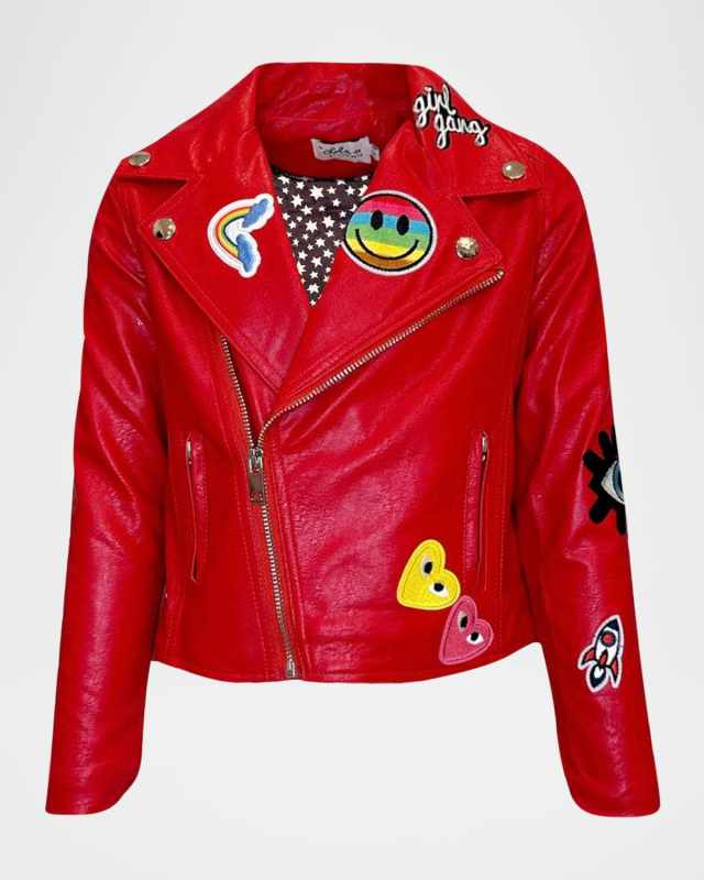 Girl's Out Of This World Patched Vegan Leather Moto Jacket, Size 2-