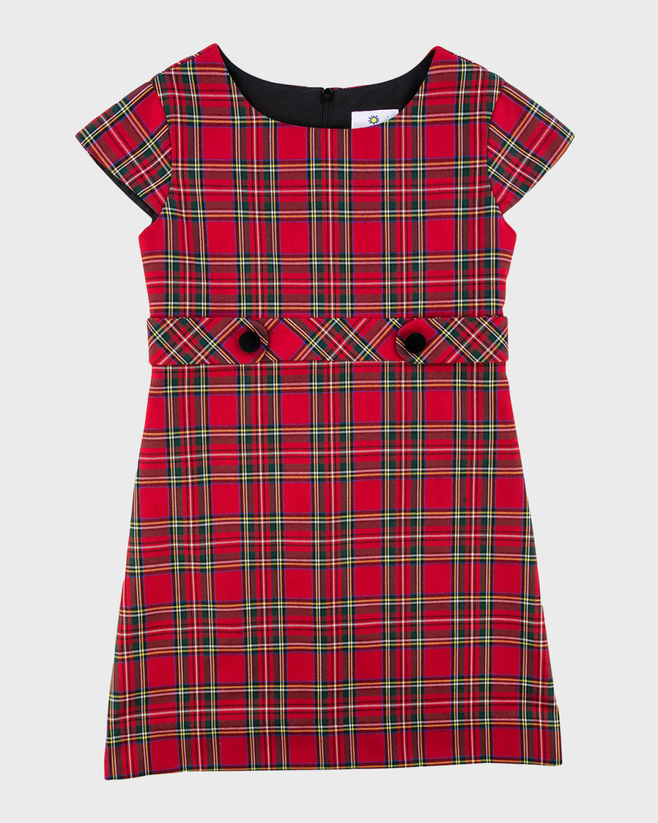 Girl's Tartan Plaid Dress W/ Velvet Button, Size 7-12