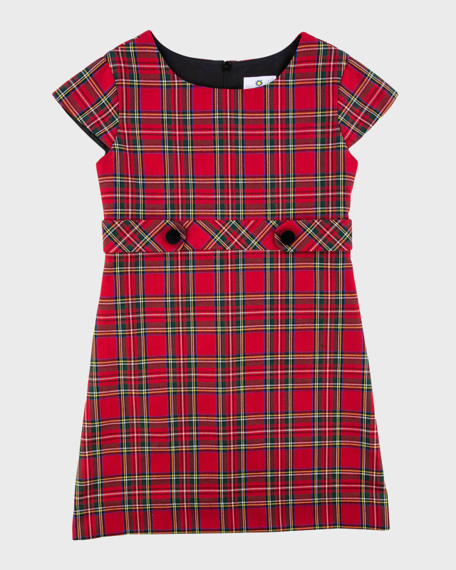 Girl's Tartan Plaid Dress W/ Velvet Button, Size 7-12