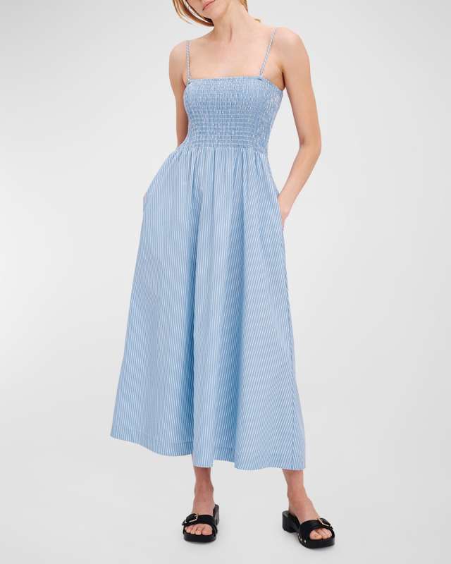Superfine Twill Stripe Smocked Midi Dress