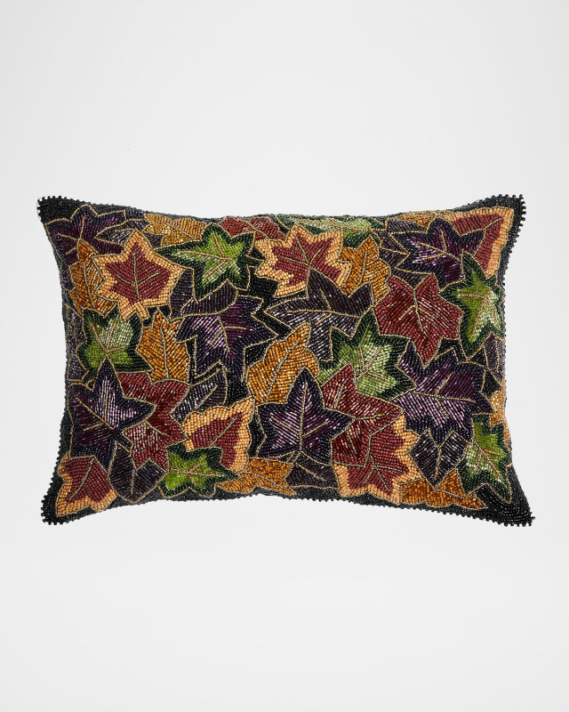 Forest Floor Fall Leaves Beaded Lumbar Pillow, 12" x 20"