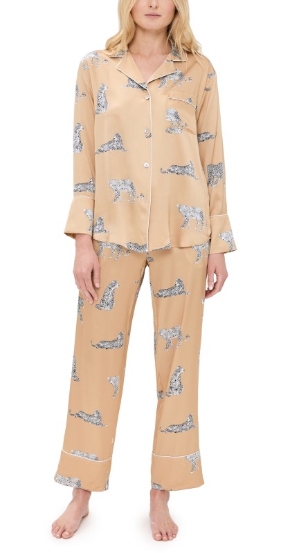 Petite Plume Mulberry Silk Panther Champagne Pajama Set Gold