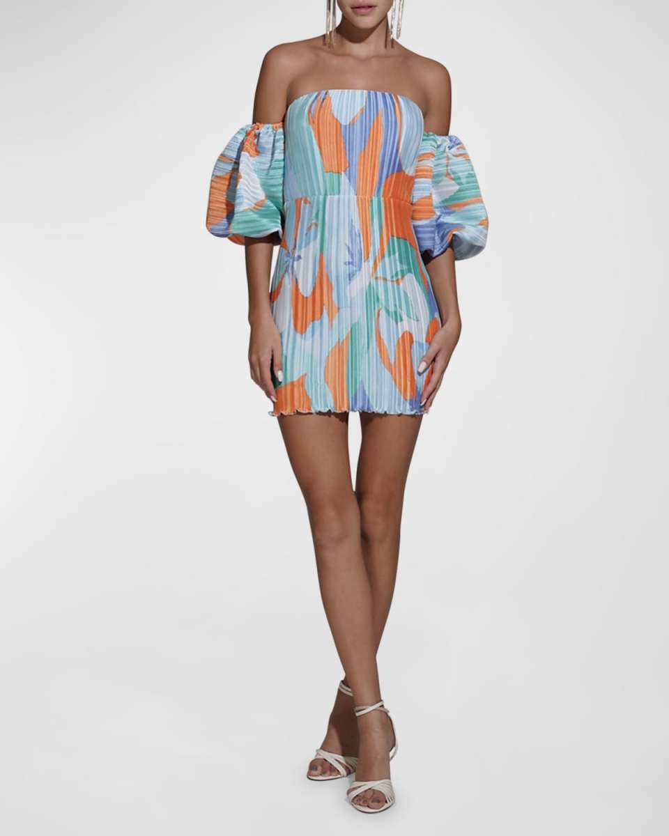 Sirene Off-Shoulder Pleated Bell-Sleeve Bodycon Mini Dress