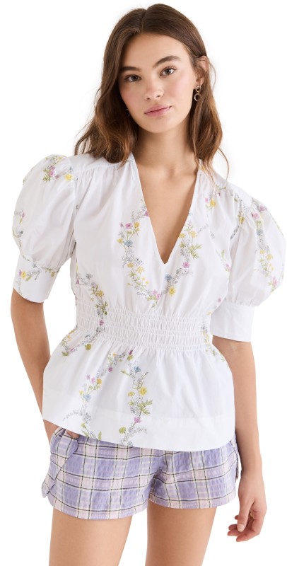GANNI Printed Poplin Blouse Floral Shape Bright White
