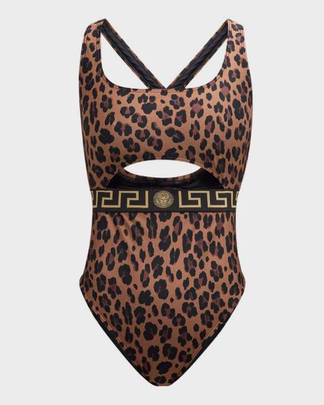 Leopard Greca Border One-Piece Swimsuit