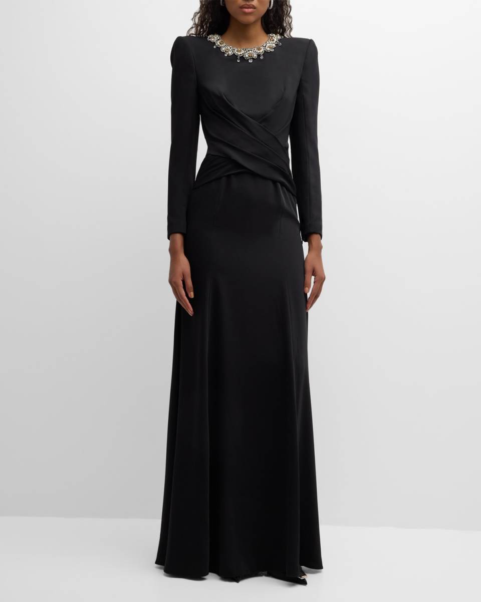 Plaza Crystal Draped Strong-Shoulder Long-Sleeve Gown