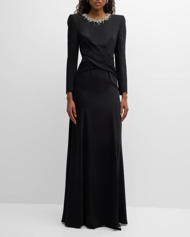 Plaza Crystal Draped Strong-Shoulder Long-Sleeve Gown