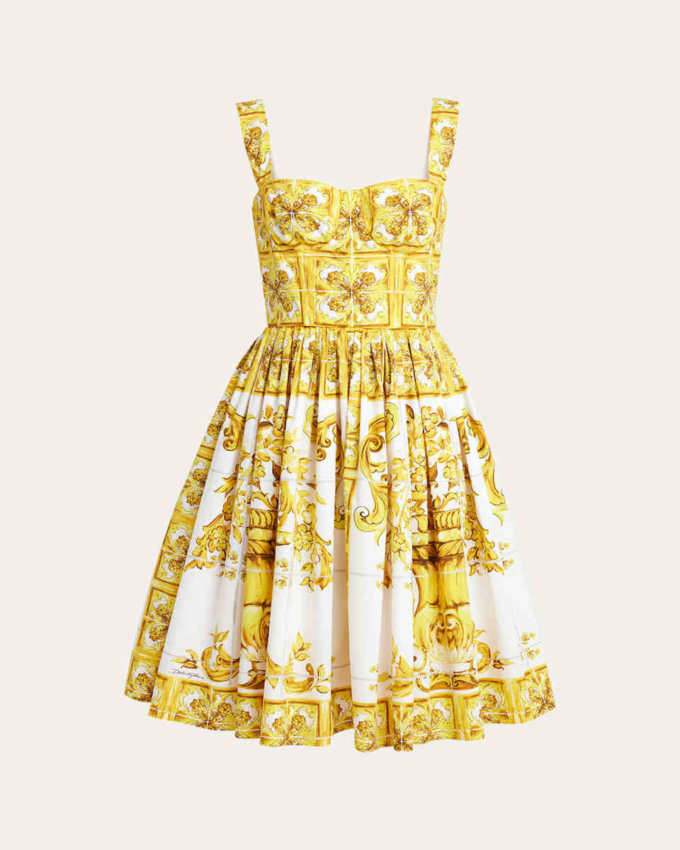 Tile-Print Pleated Poplin Bustier Dress