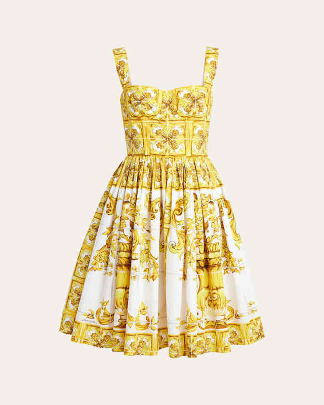Tile-Print Pleated Poplin Bustier Dress