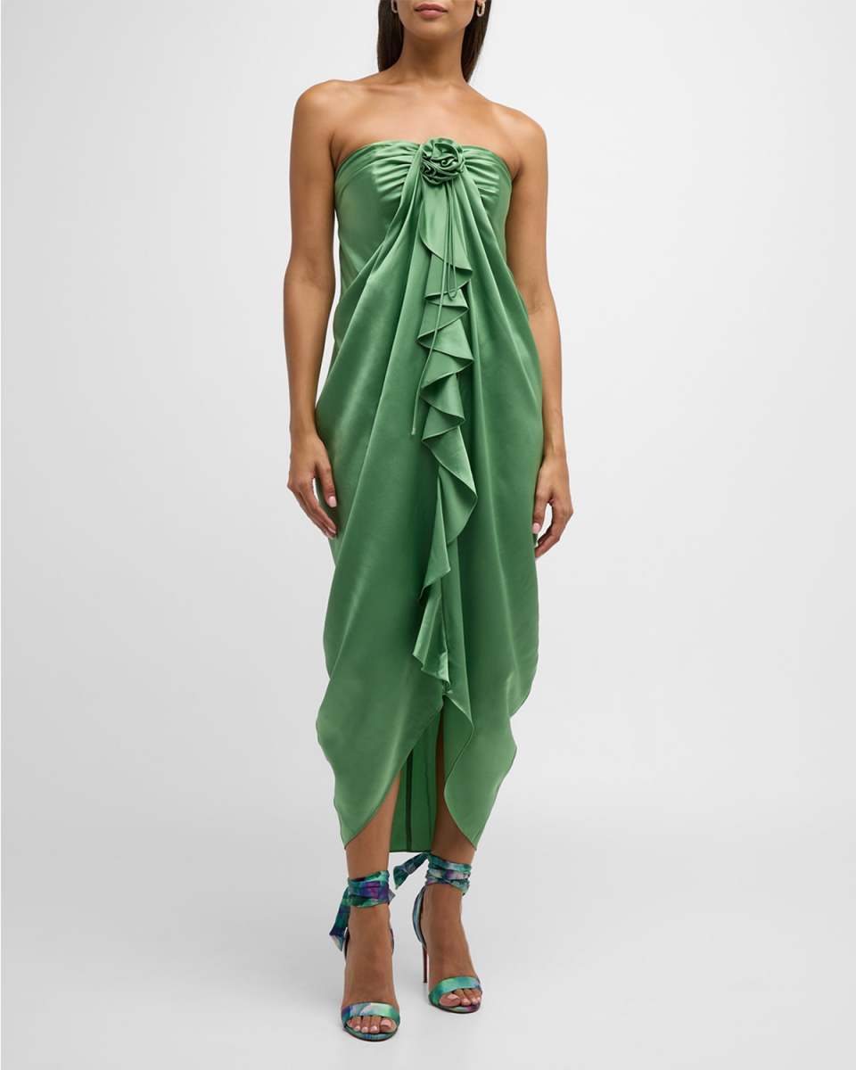 Meredith Strapless Silk Ruffled Midi Dress
