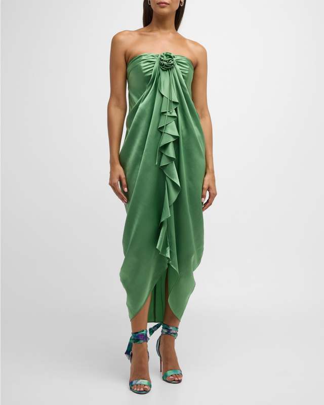 Meredith Strapless Silk Ruffled Midi Dress