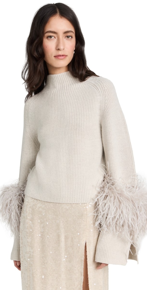 LAPOINTE Merino Wool Cropped Raglan Slit Sleeve with Ostrich Feathers Melange Gray
